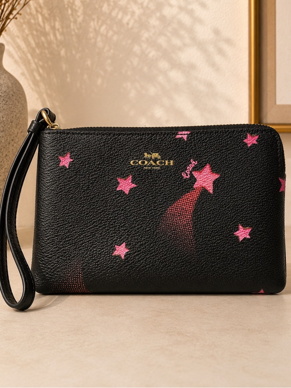 Coach limited seasonal design Small Wristlet Black Pink Shooting Star Print Leat